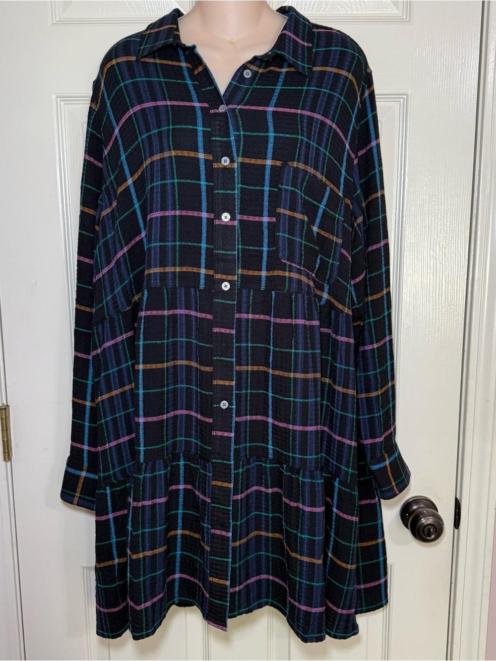 LOFT Plaid Baby Doll Button Up Shirt Dress Size XL Tiered Long Sleeve Tunic New